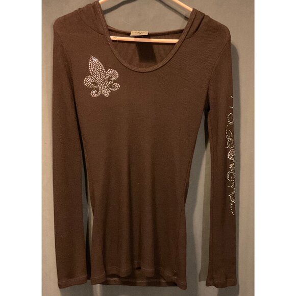 Vocal Y2K Brown Long-Sleeve Hooded Top With Rhinestone Fleur-De-Lis Womens Small - Picture 2 of 12